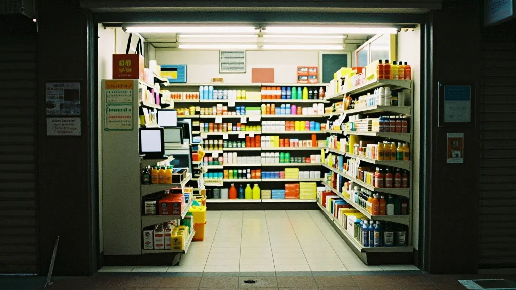 台北小型便利商店夜景，螢光燈下的空貨架