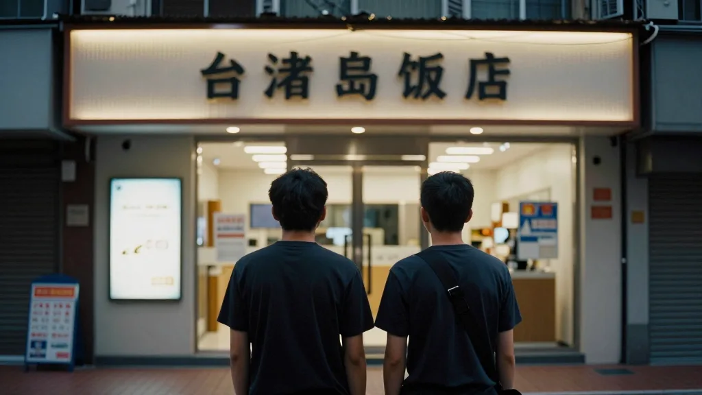 一對年輕情侶背影，正看著台北房仲店面櫥窗上張貼的物件清單