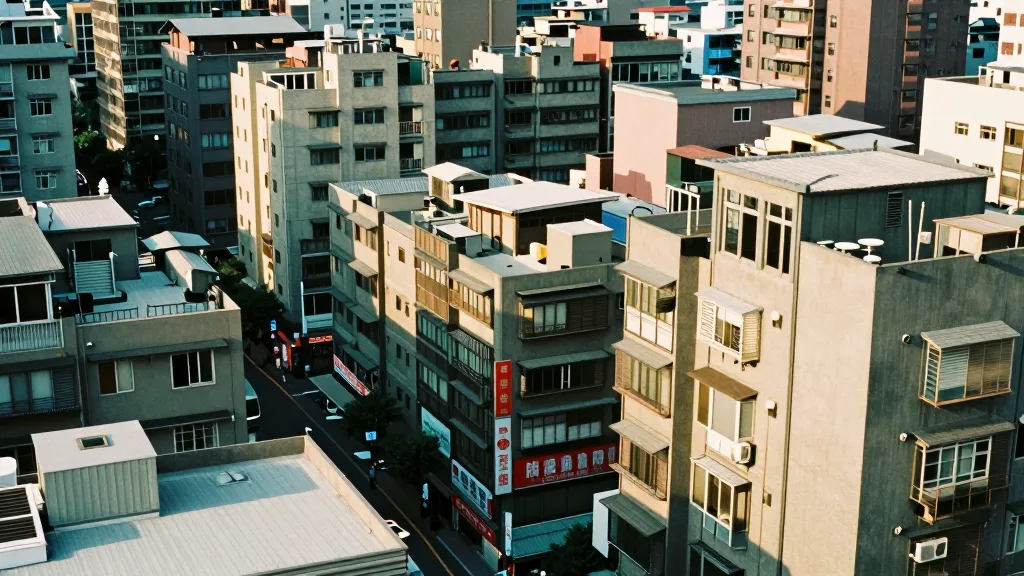 俯視台北舊公寓密集街區的水泥屋頂與屋齡層次
